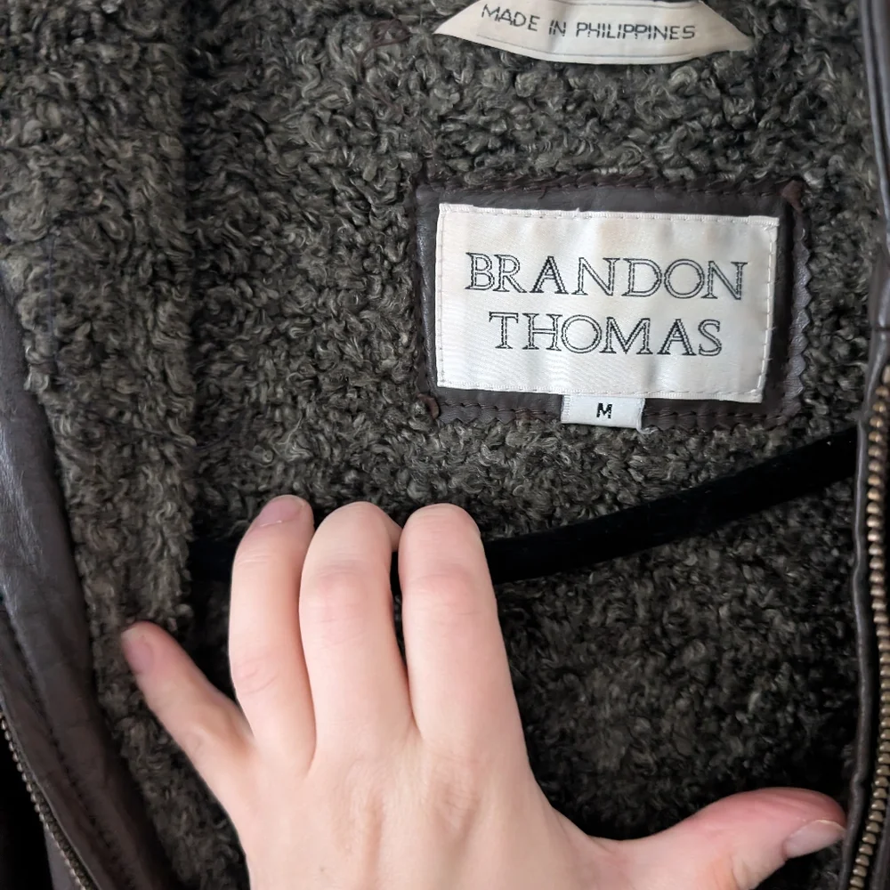 Vintage 90s Brandon‎ Thomas Brown Leather Hooded Zip Up Lined Jacket Coat Size M